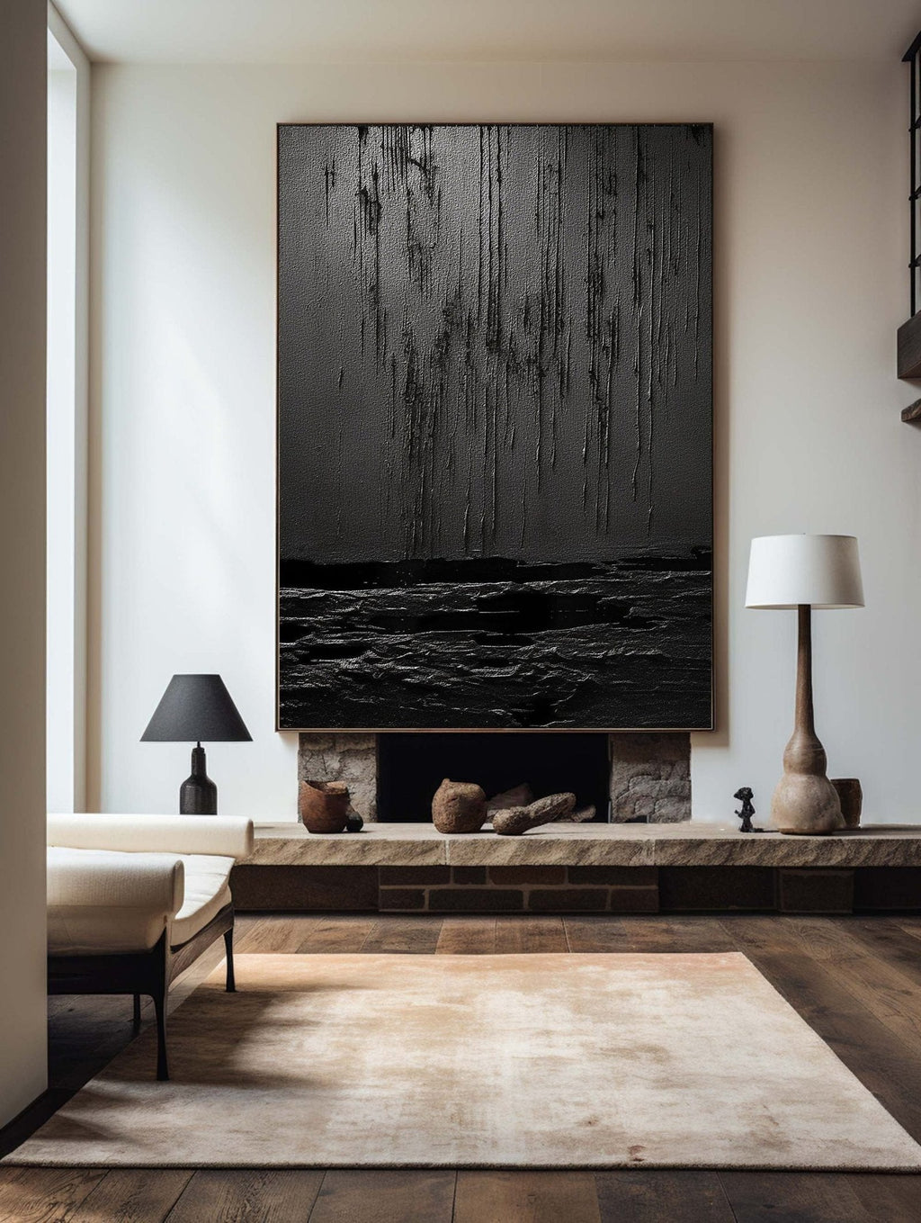 Nocturne Terrain: A Bold Textured Black Abstract Wall Art for Modern Interiors