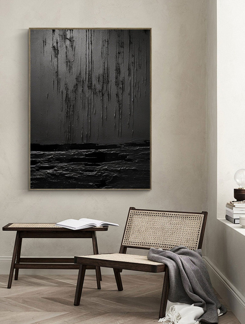 Nocturne Terrain: A Bold Textured Black Abstract Wall Art for Modern Interiors