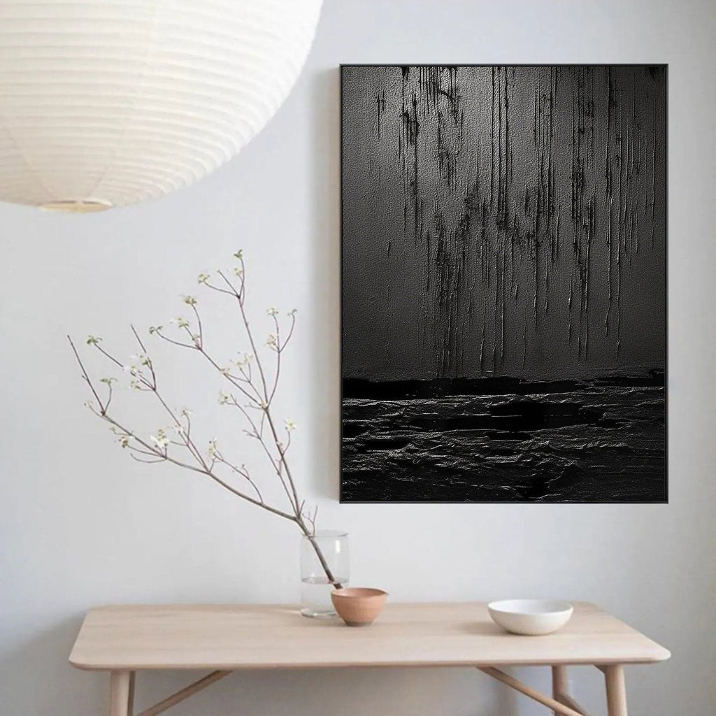 Nocturne Terrain: A Bold Textured Black Abstract Wall Art for Modern Interiors