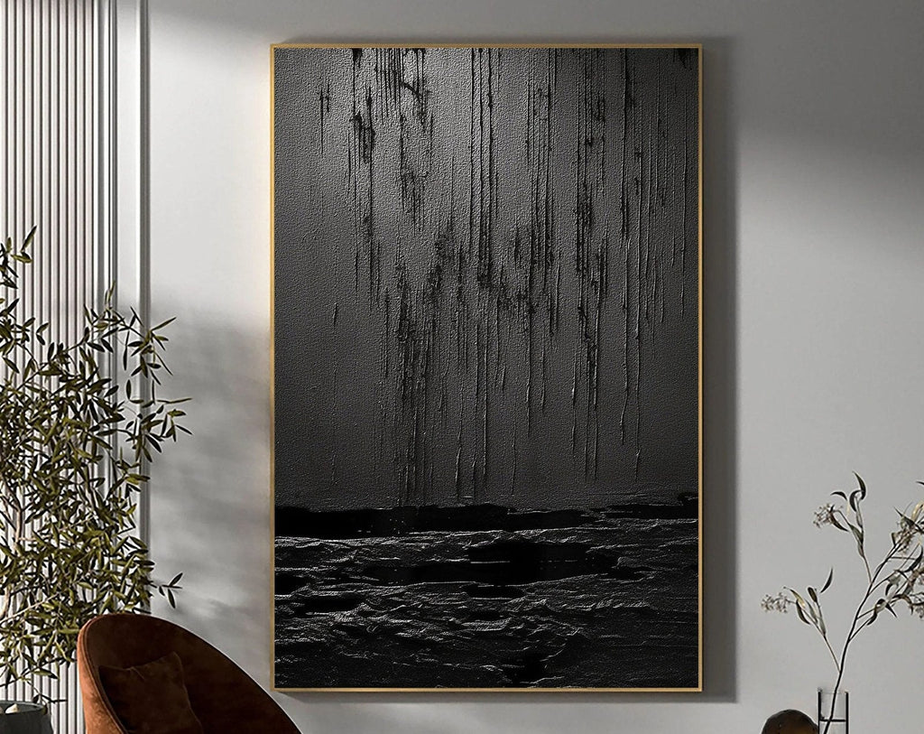Nocturne Terrain: A Bold Textured Black Abstract Wall Art for Modern Interiors