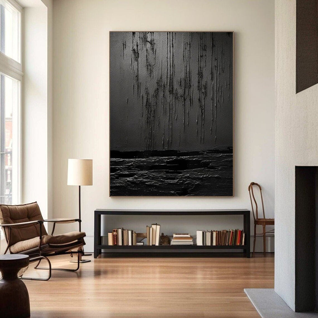 Nocturne Terrain: A Bold Textured Black Abstract Wall Art for Modern Interiors