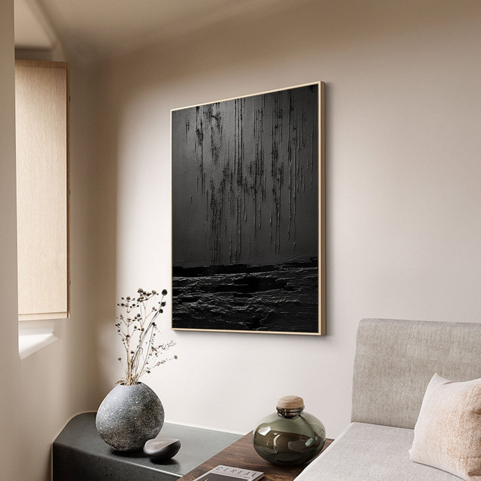 Nocturne Terrain: A Bold Textured Black Abstract Wall Art for Modern Interiors