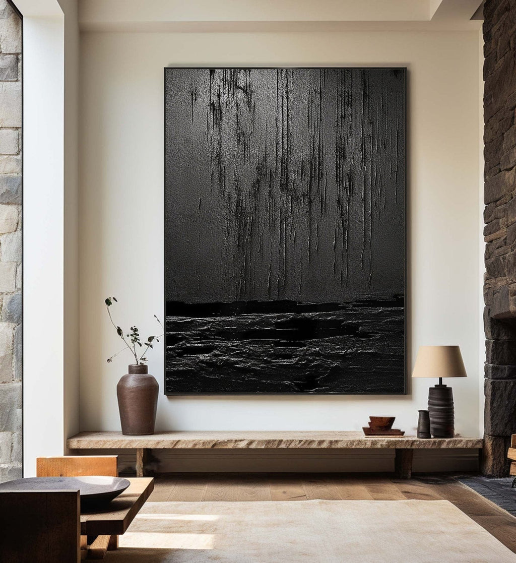 Nocturne Terrain: A Bold Textured Black Abstract Wall Art for Modern Interiors