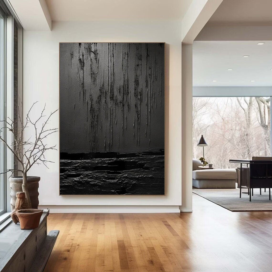 Nocturne Terrain: A Bold Textured Black Abstract Wall Art for Modern Interiors