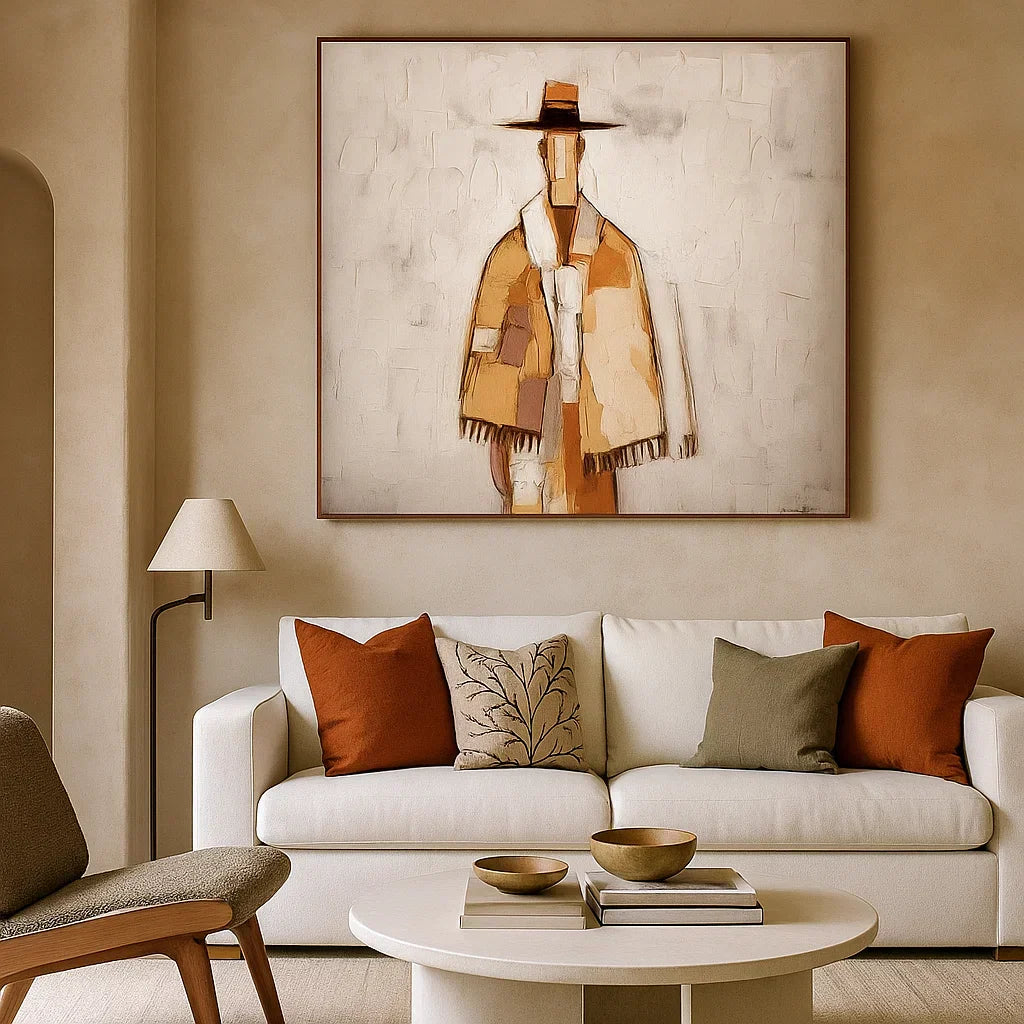 Neutral Textured Figure Wall Art, Beige Brown Abstract Canvas for Living Room
