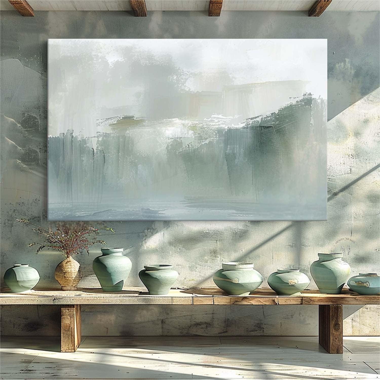 Misty Green Landscape Wall Art, Minimal Blue Gray Textured Canvas for Living Room