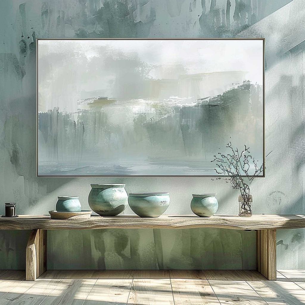 Misty Green Landscape Wall Art, Minimal Blue Gray Textured Canvas for Living Room