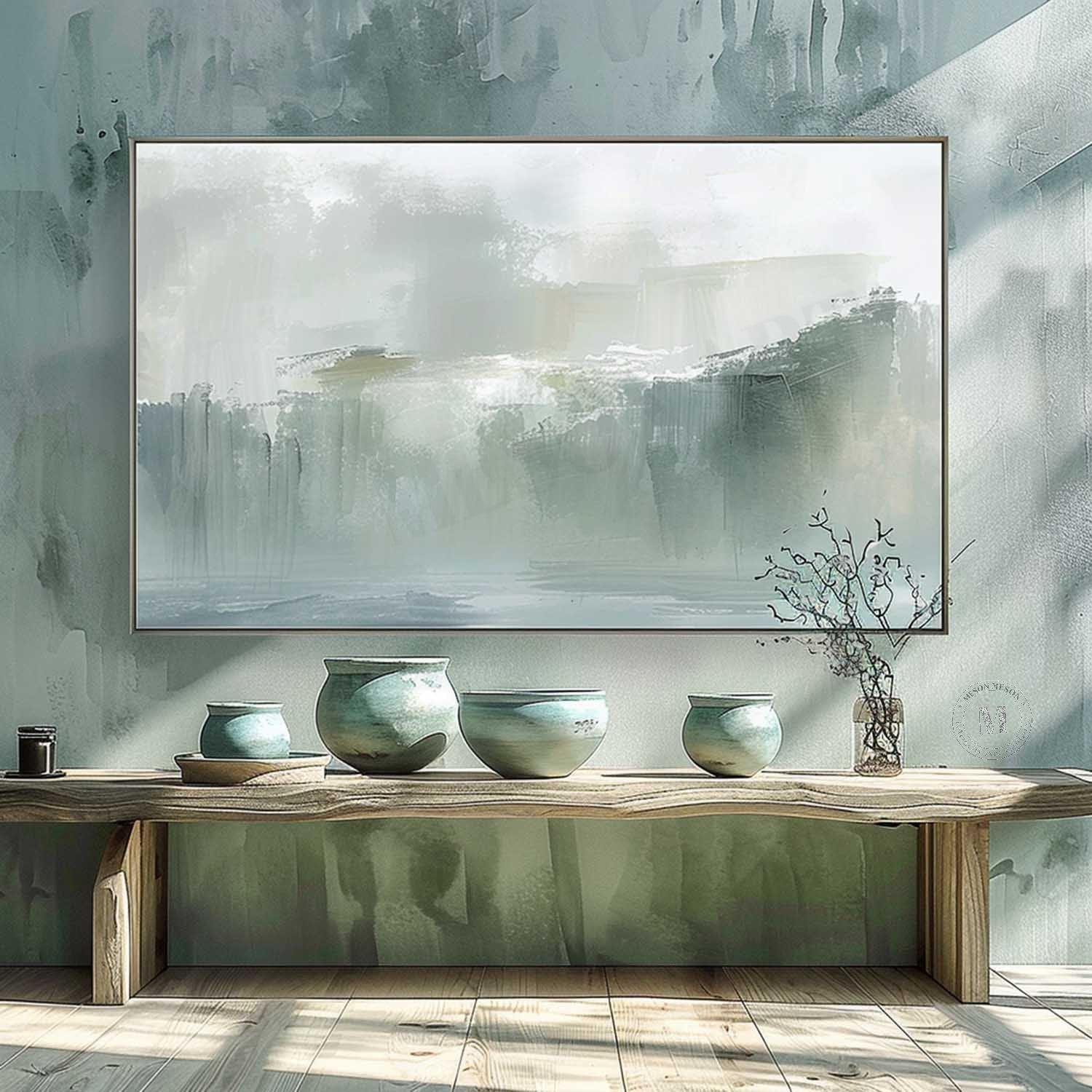 Misty Green Landscape Wall Art, Minimal Blue Gray Textured Canvas for Living Room