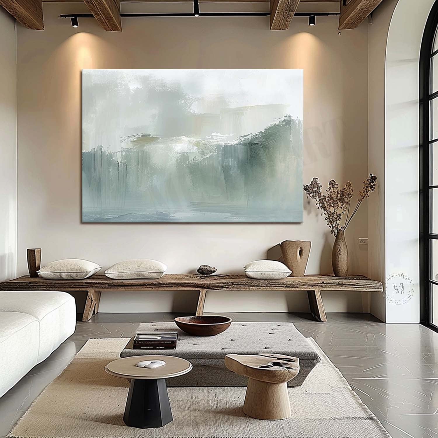 Misty Green Landscape Wall Art, Minimal Blue Gray Textured Canvas for Living Room