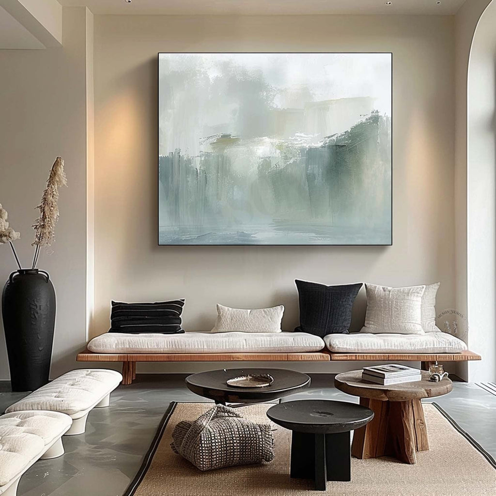 Misty Green Landscape Wall Art, Minimal Blue Gray Textured Canvas for Living Room