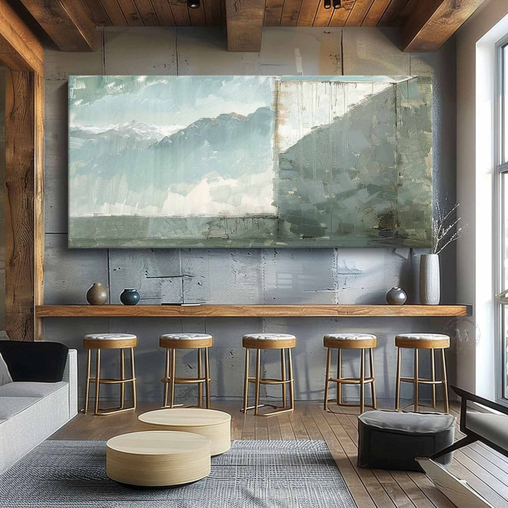 Blue Green Mountain Landscape Wall Art, Minimal Textured Canvas for Living Room