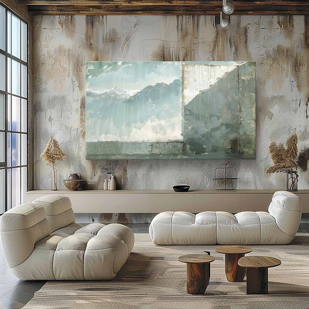 Blue Green Mountain Landscape Wall Art, Minimal Textured Canvas for Living Room