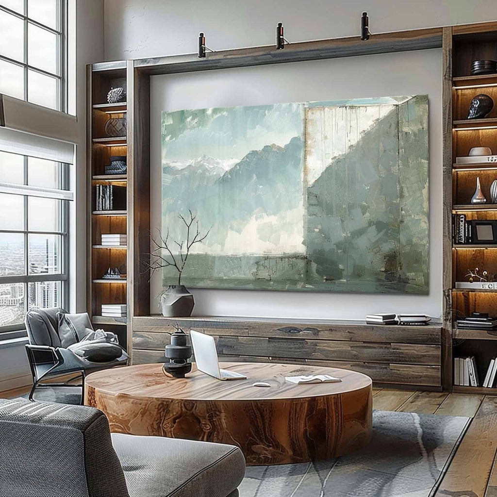 Blue Green Mountain Landscape Wall Art, Minimal Textured Canvas for Living Room