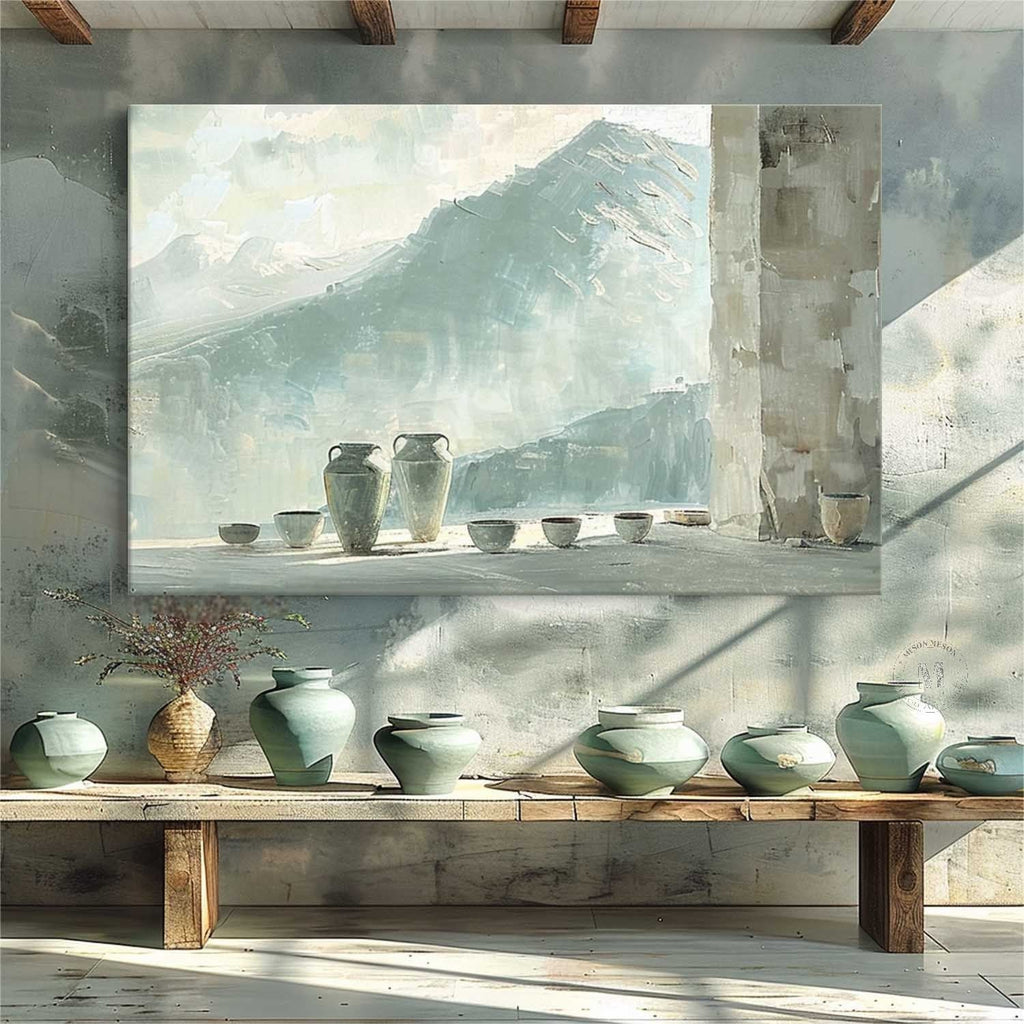 Mountain View Pottery Still Life Wall Art, Blue Neutral Textured Canvas for Living Room
