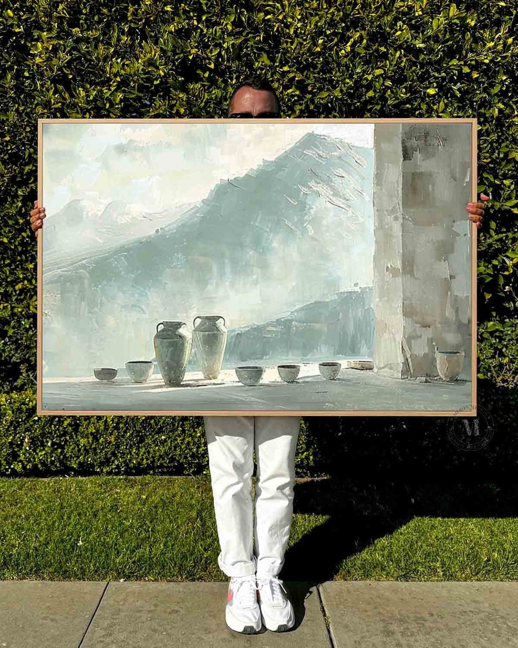 Mountain View Pottery Still Life Wall Art, Blue Neutral Textured Canvas for Living Room