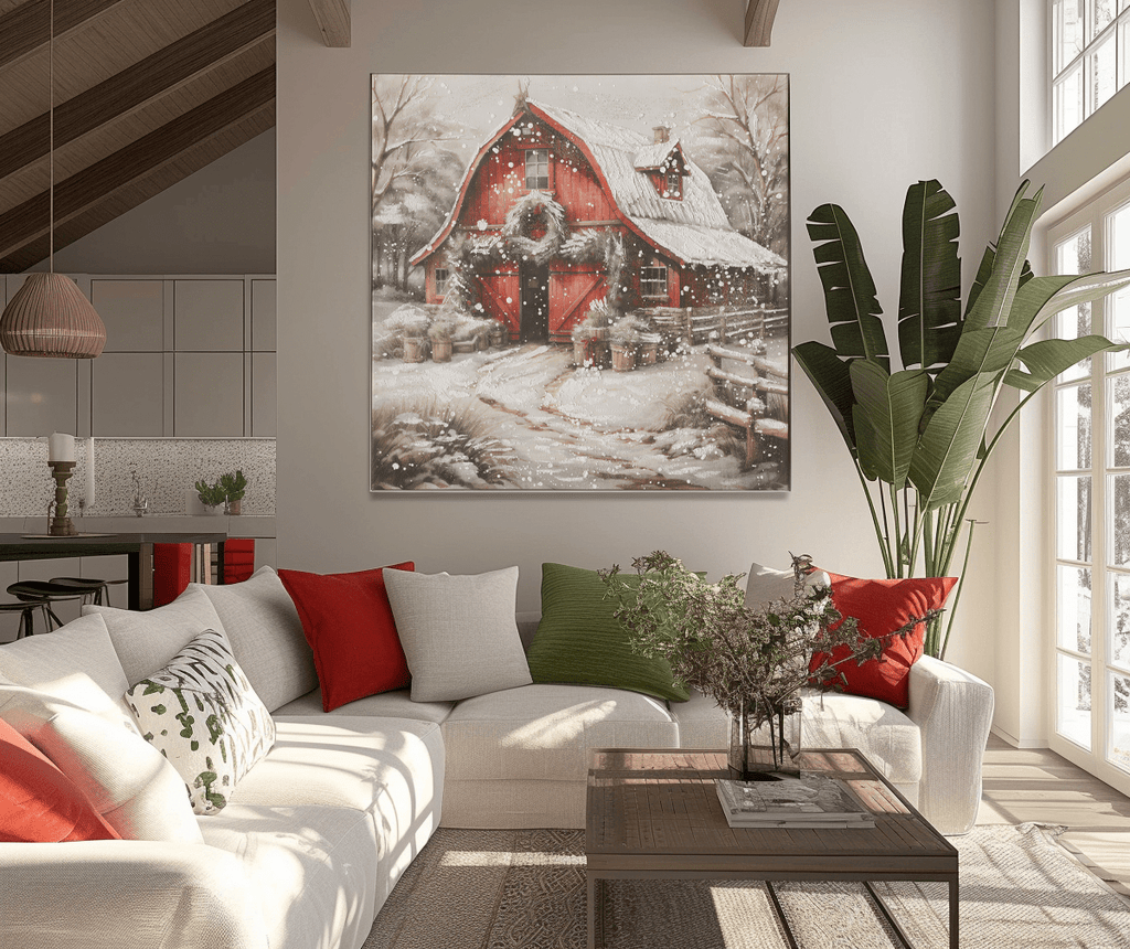 Snowy Red Barn Charm – Winter Christmas Painting
