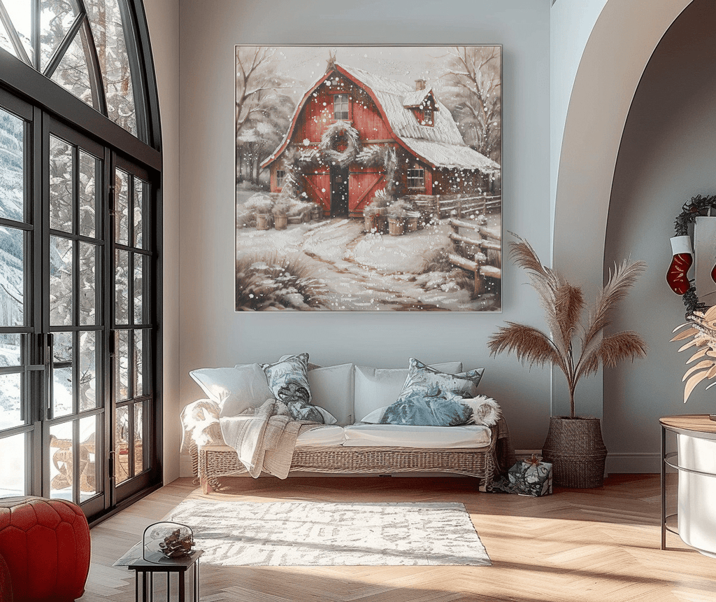 Snowy Red Barn Charm – Winter Christmas Painting