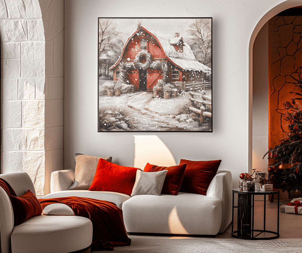 Snowy Red Barn Charm – Winter Christmas Painting
