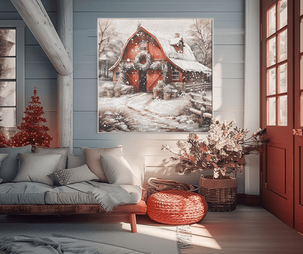 Snowy Red Barn Charm – Winter Christmas Painting