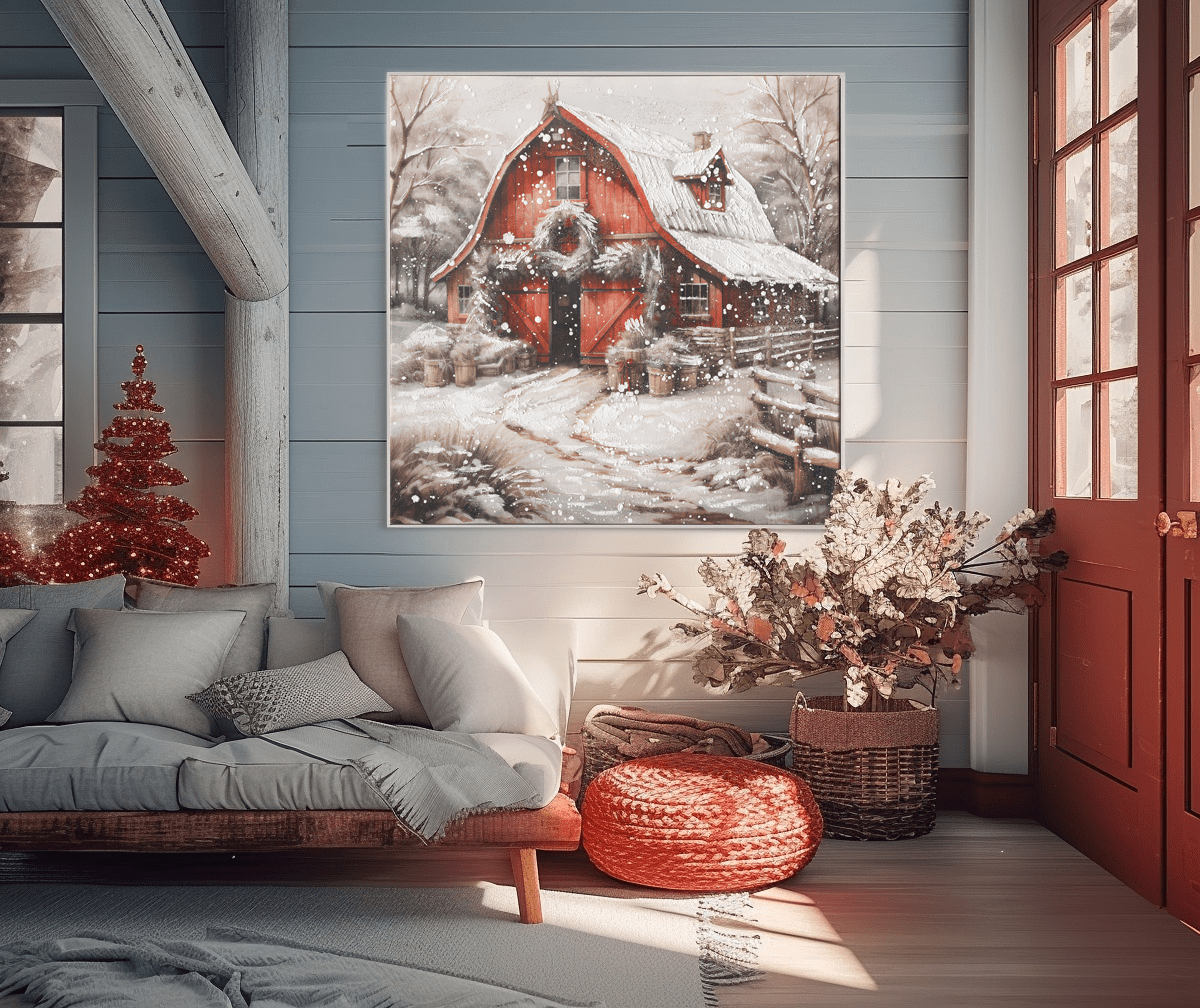 Snowy Red Barn Charm – Winter Christmas Painting