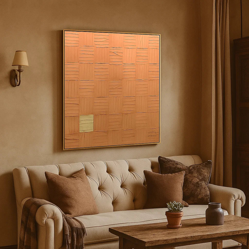 Wabi Sabi Terracotta Grid Textured Wall Art, Minimal Abstract Square Canvas for Living Room