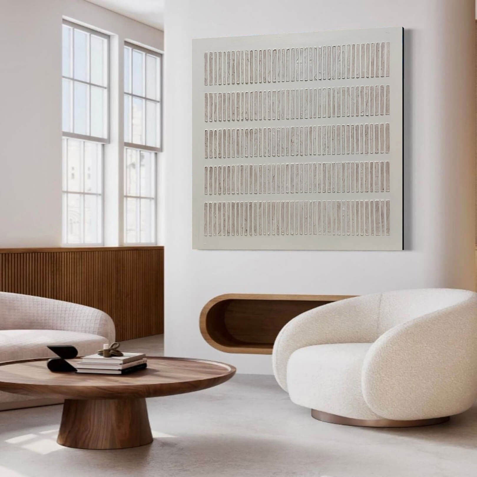 Silent Cadence: Minimalist Textured White Wall Art with Architectural Relief